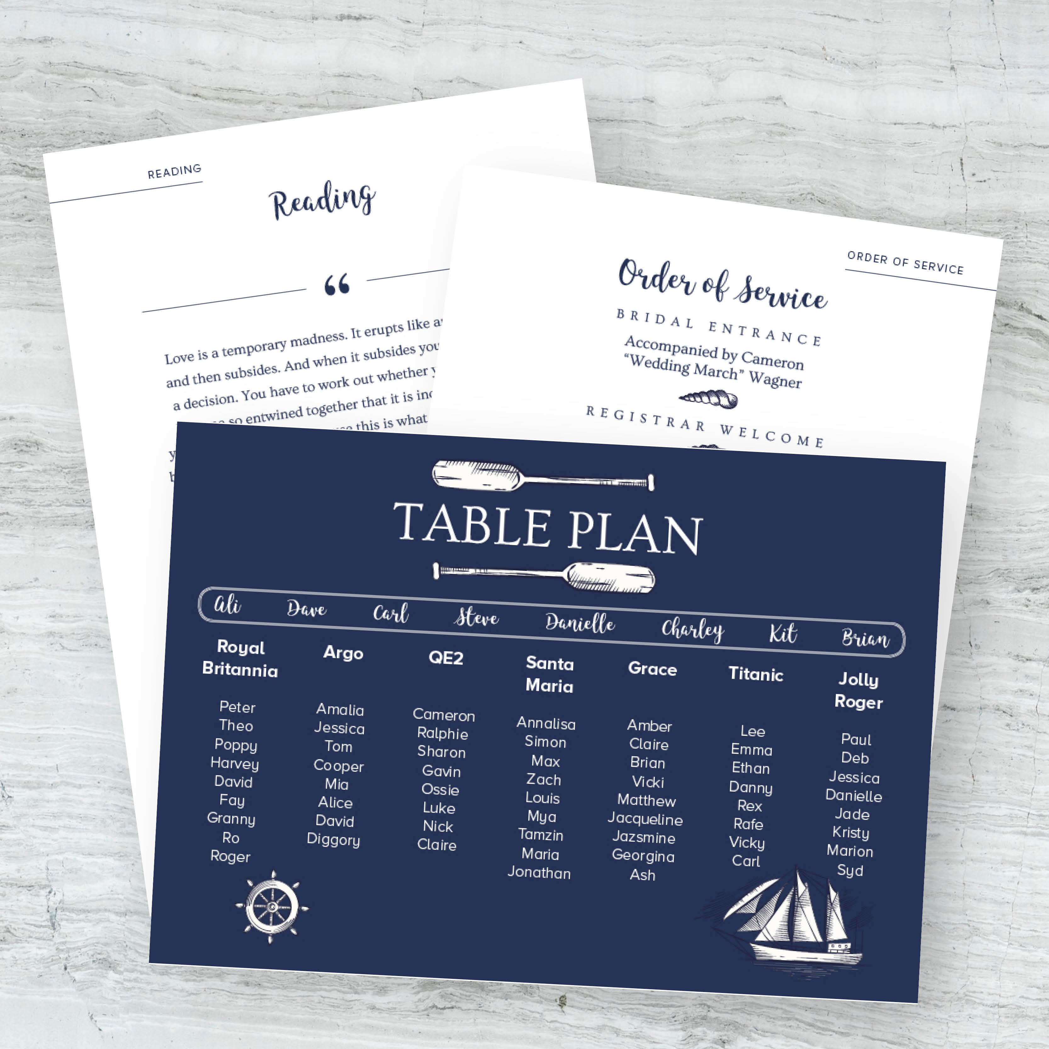 Personalised wedding stationery, unique wedding table plan