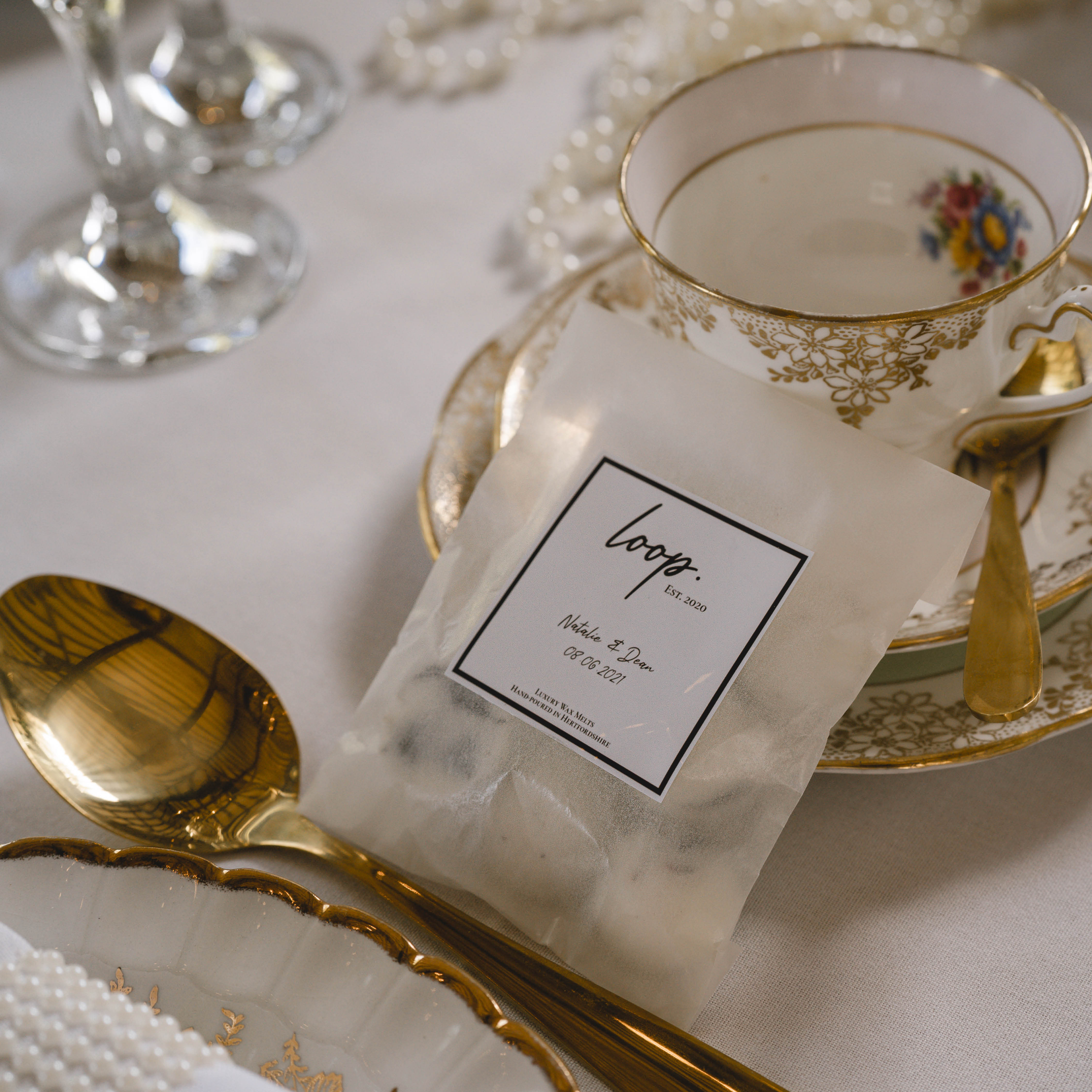 Home fragrance wedding favours, vintage 1940s tea party wedding