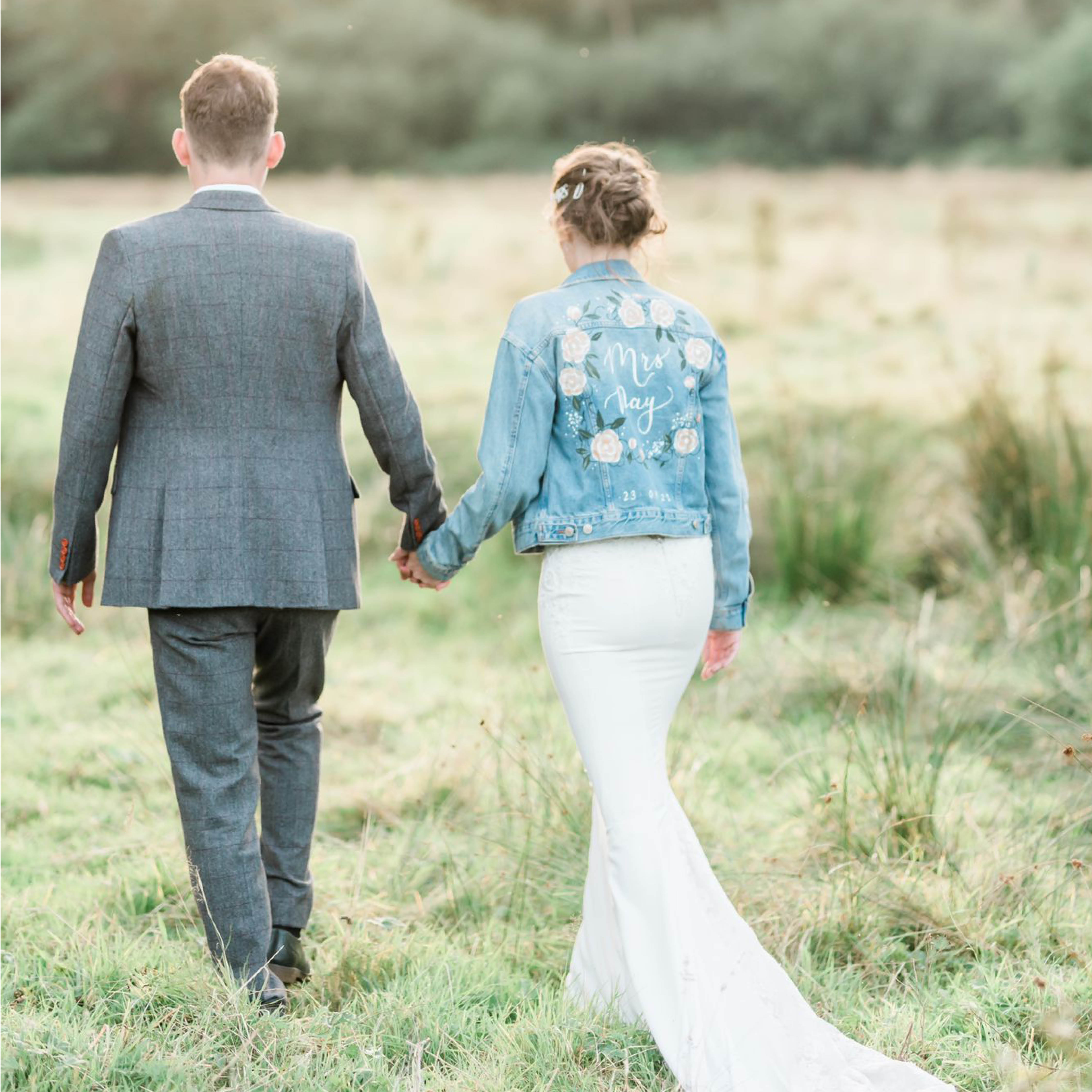 Millbridge court real weddings, personalised denim jacket Surrey bride
