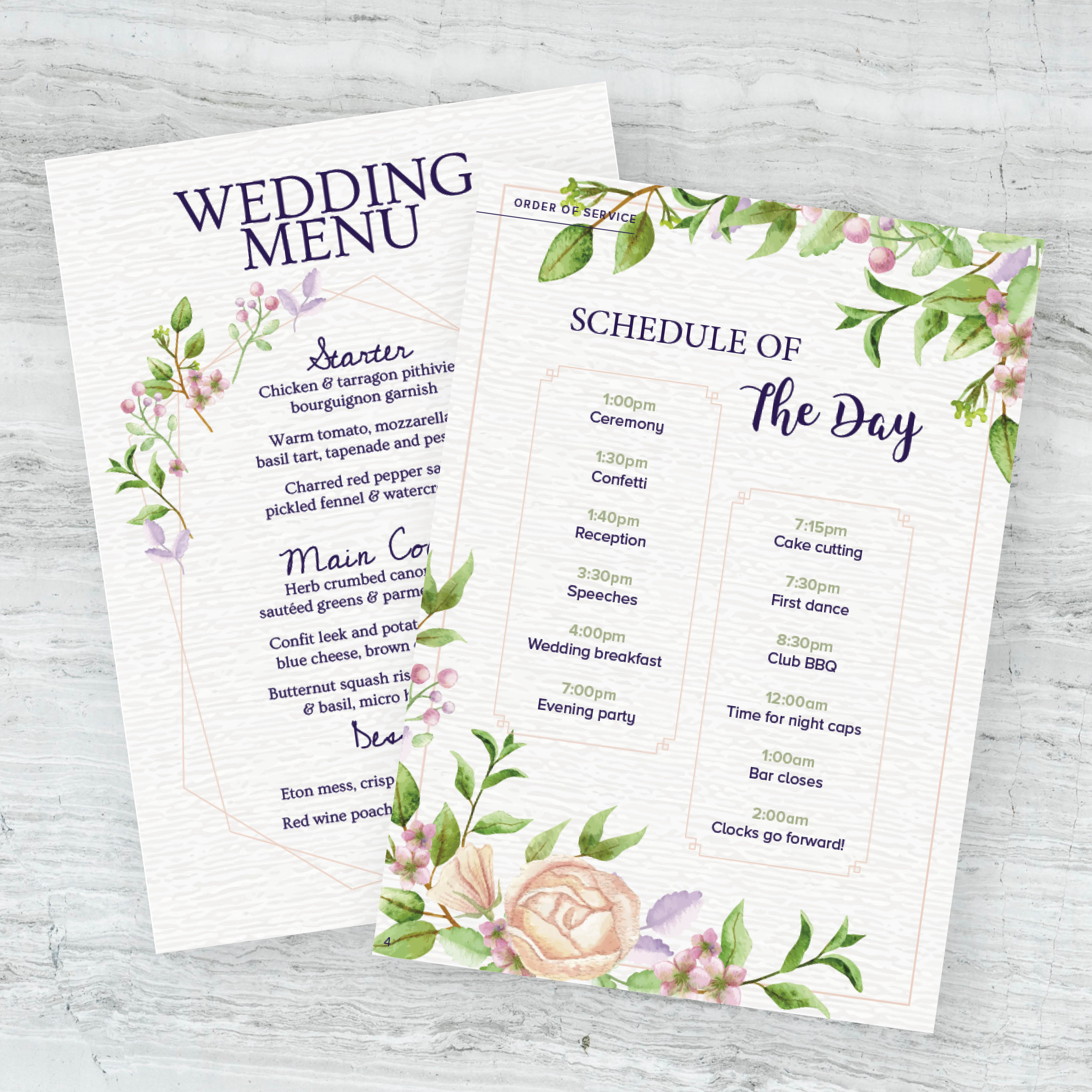 Personalised wedding stationery, unique order of the day for wedding