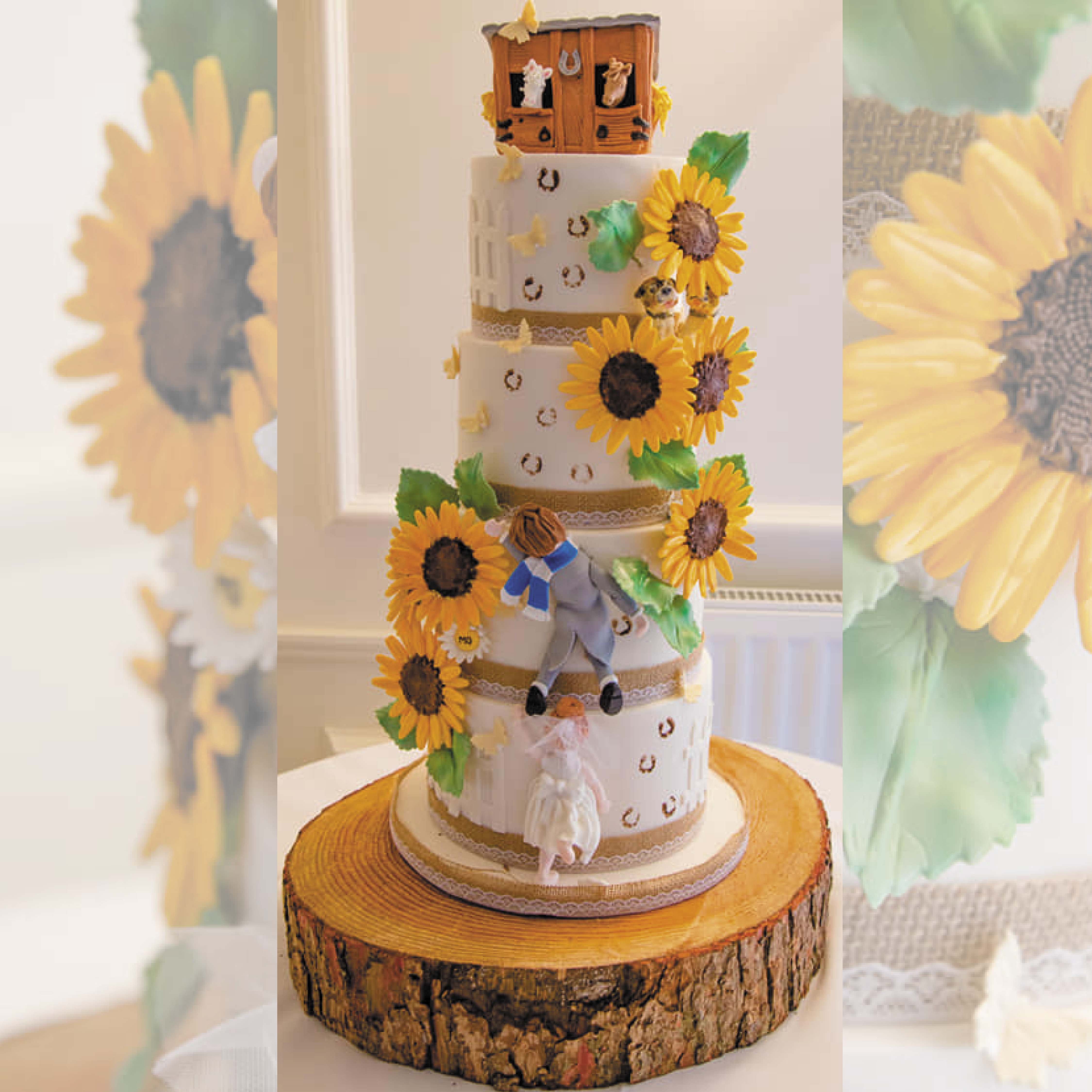 Sunflower wedding cake, pink wedding cake, summer wedding cake