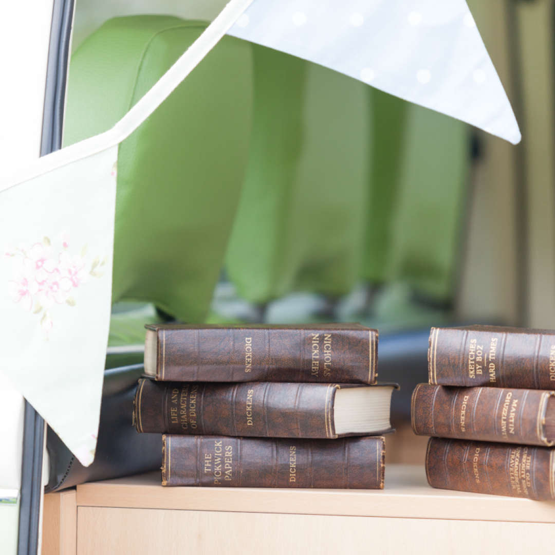 Vintage books and bunting, English Country Garden Wedding