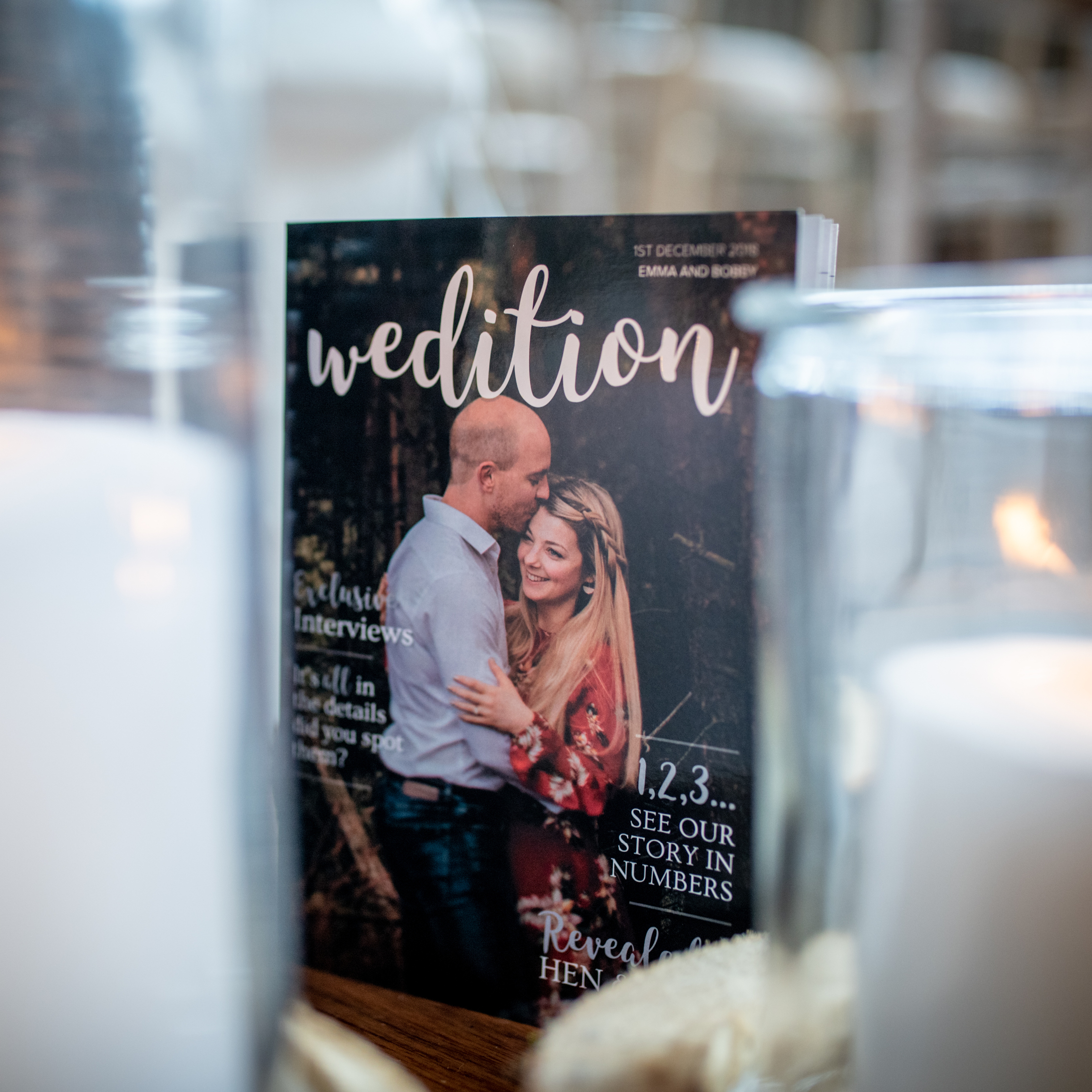 Wedding decorations with mason jar, personalised magazine, Wedition